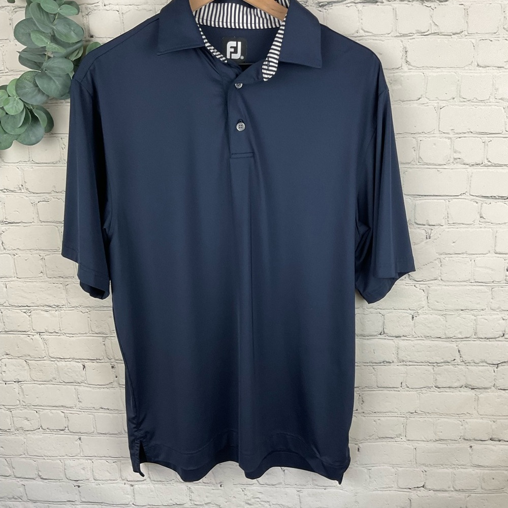FootJoy Navy Blue Polo Shirt with Striped Collar Trim